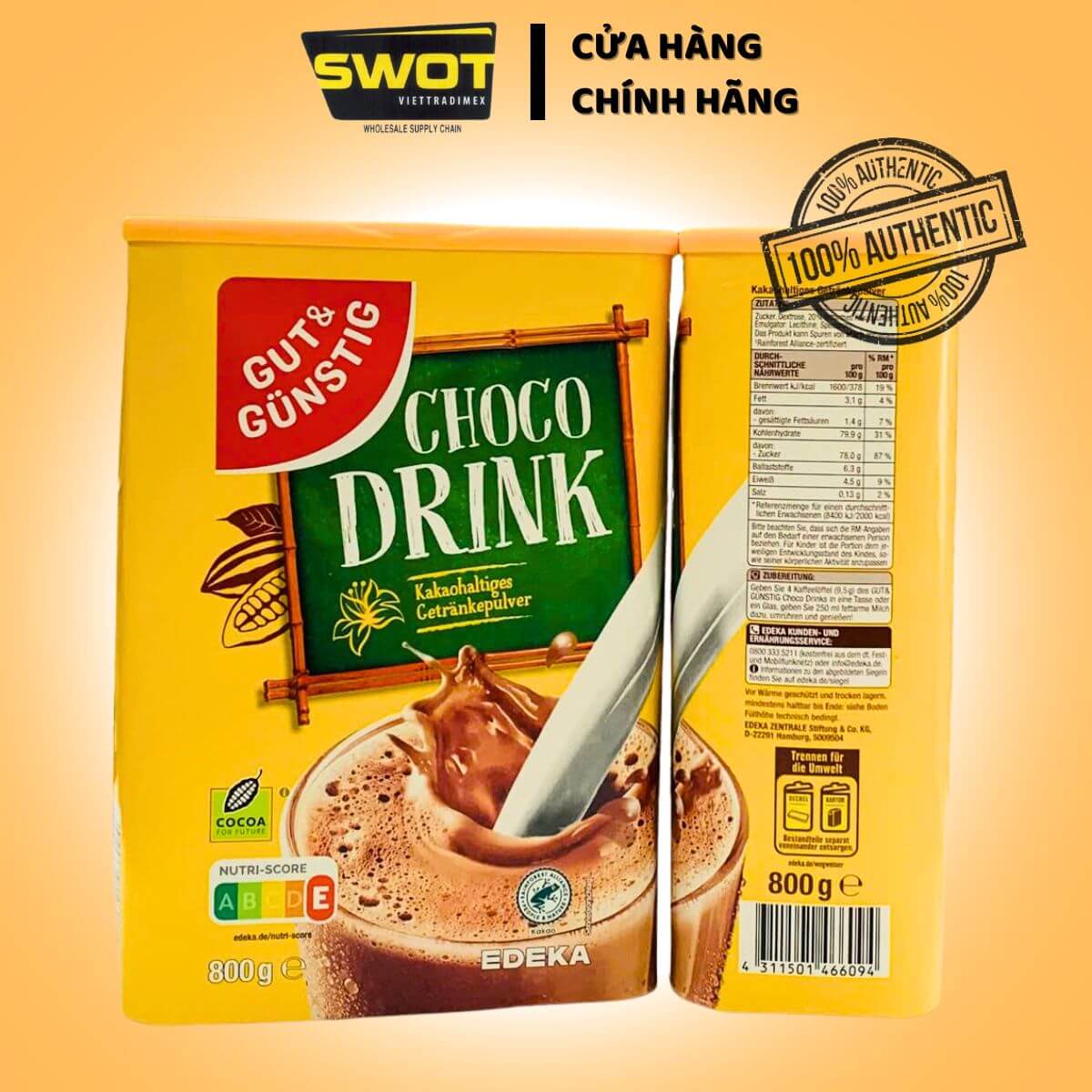 BỘT CACAO CHOCO DRINK CỦA ĐỨC HỘP 800GR - Bổ sung dưỡng chất sắt và canxi, Bổ sung dinh dưỡng, vitamin, protein và khoáng chất giúp cho sự phát triển xương khỏe mạnh ở trẻ em - SWOT