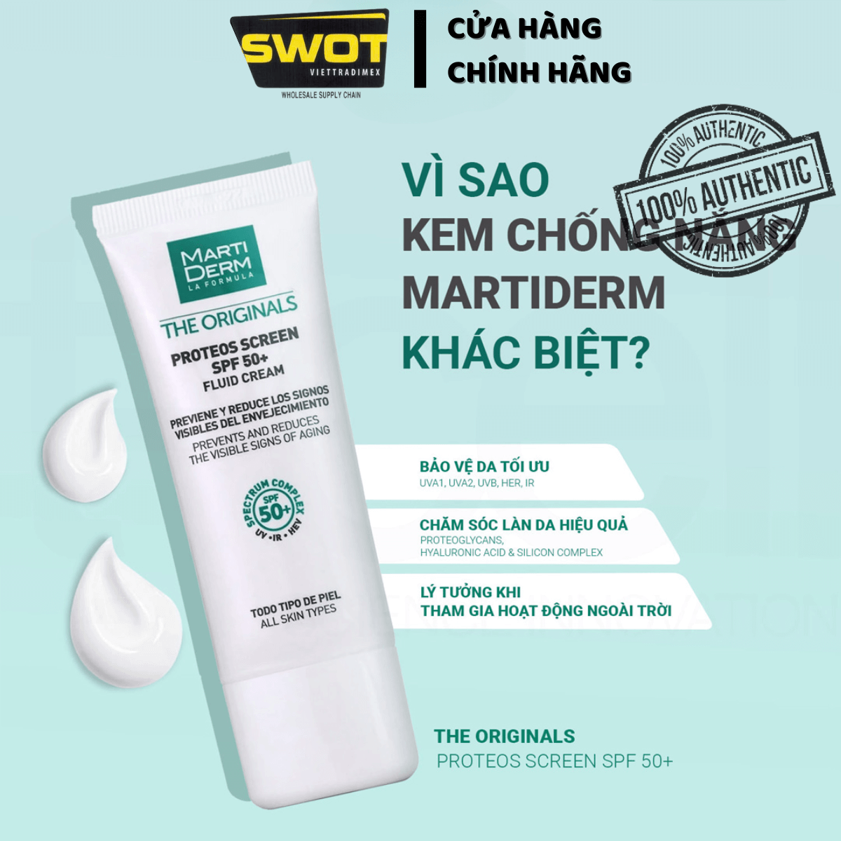 Kem Chống Nắng MartiDerm The Originals Proteos Screen Fluid Cream SPF50 40ML của Tây Ban Nha, chống nắng hiệu quả, bảo vệ tối ưu, cấp ẩm, kết cấu mỏng nhẹ, không nhờn rít - SWOT