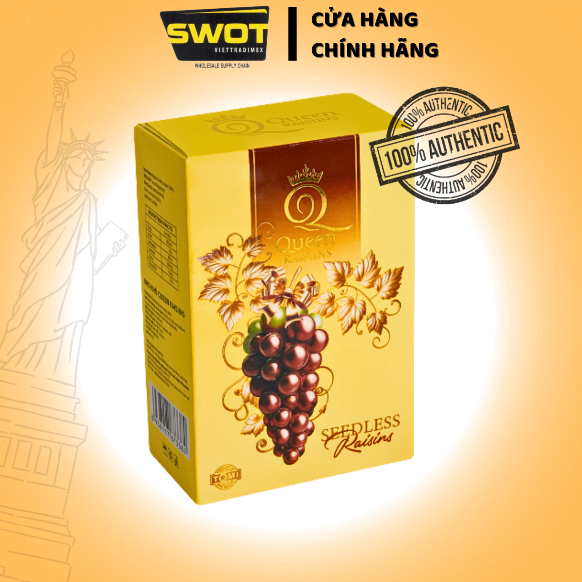 Nho Khô Queen Raisiins hộp giấy chữ nhật 90gr là món ăn vặt tự nhiên giàu dinh dưỡng - SWOT