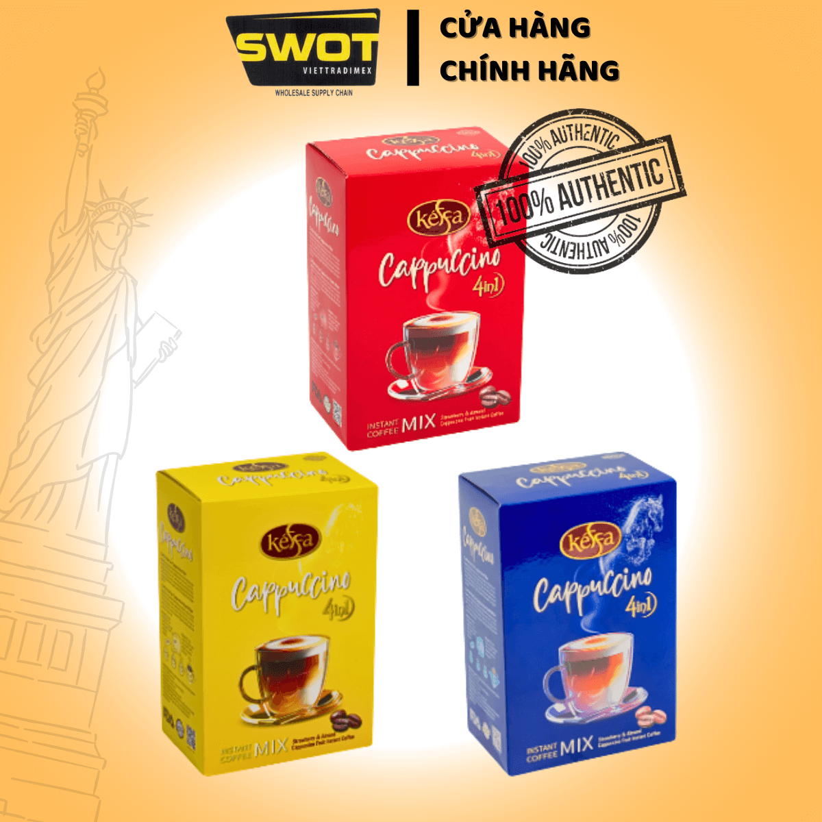 Cà Phê Cappuccino Keffa 4in1 160gr là sự kết hợp hoàn hảo giữa cà phê rang xay đậm đà và hương vị béo ngậy của sữa cùng độ ngọt vừa phải, mang đến trải nghiệm cân bằng và trọn vẹn - SWOT