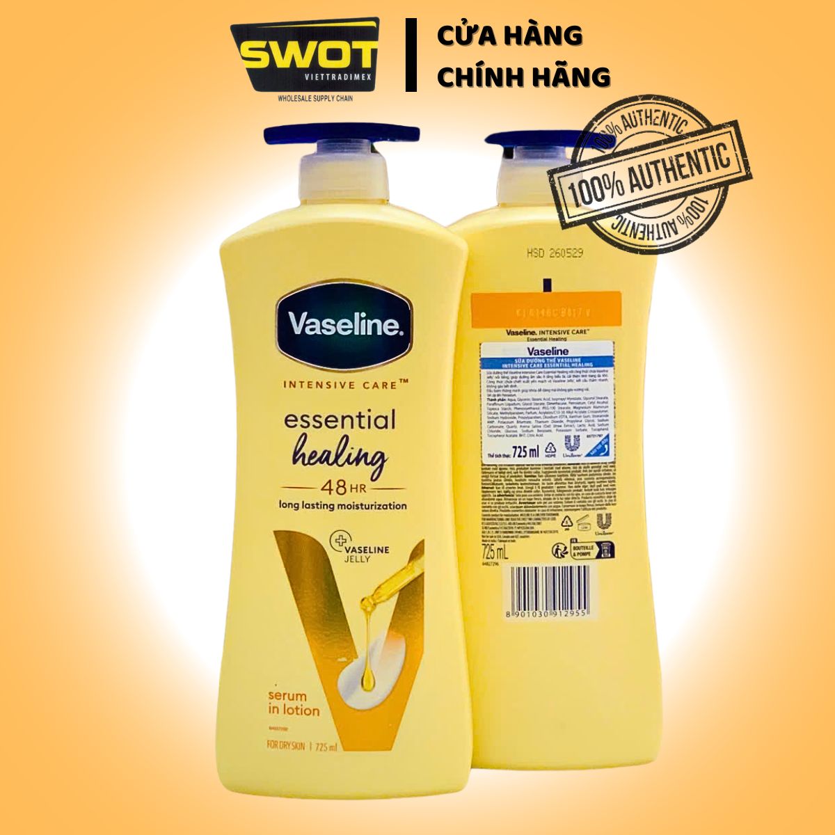 Sữa dưỡng thể Vaseline Essential Healing / Daily Brightening Chai 725ml, Dưỡng ẩm sâu, giúp cải thiện và duy trì làn da mềm mại, mịn màng - SWOT