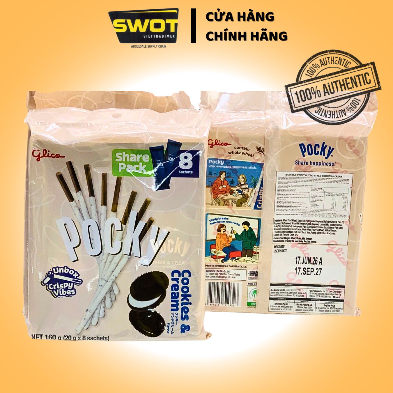 BÁNH QUE POCKY - CHOCOLATE / STRAWBERRY / COOKIES CREAM Share Pack, 8 Gói - SWOT