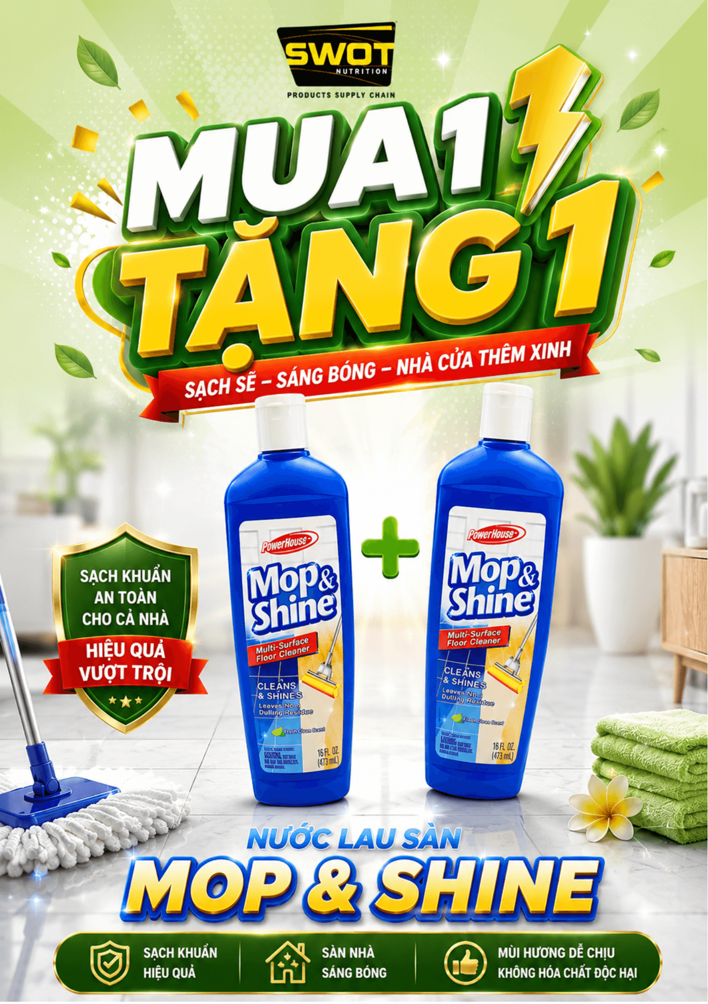 NƯỚC LAU SÀN MOP&SHINE CỦA MỸ - MUA 1 ĐƯỢC 2