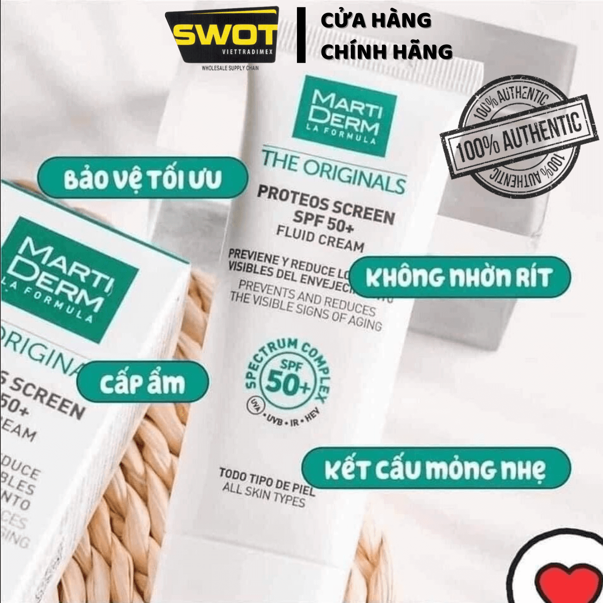 Kem Chống Nắng MartiDerm The Originals Proteos Screen Fluid Cream SPF50 40ML của Tây Ban Nha, chống nắng hiệu quả, bảo vệ tối ưu, cấp ẩm, kết cấu mỏng nhẹ, không nhờn rít - SWOT