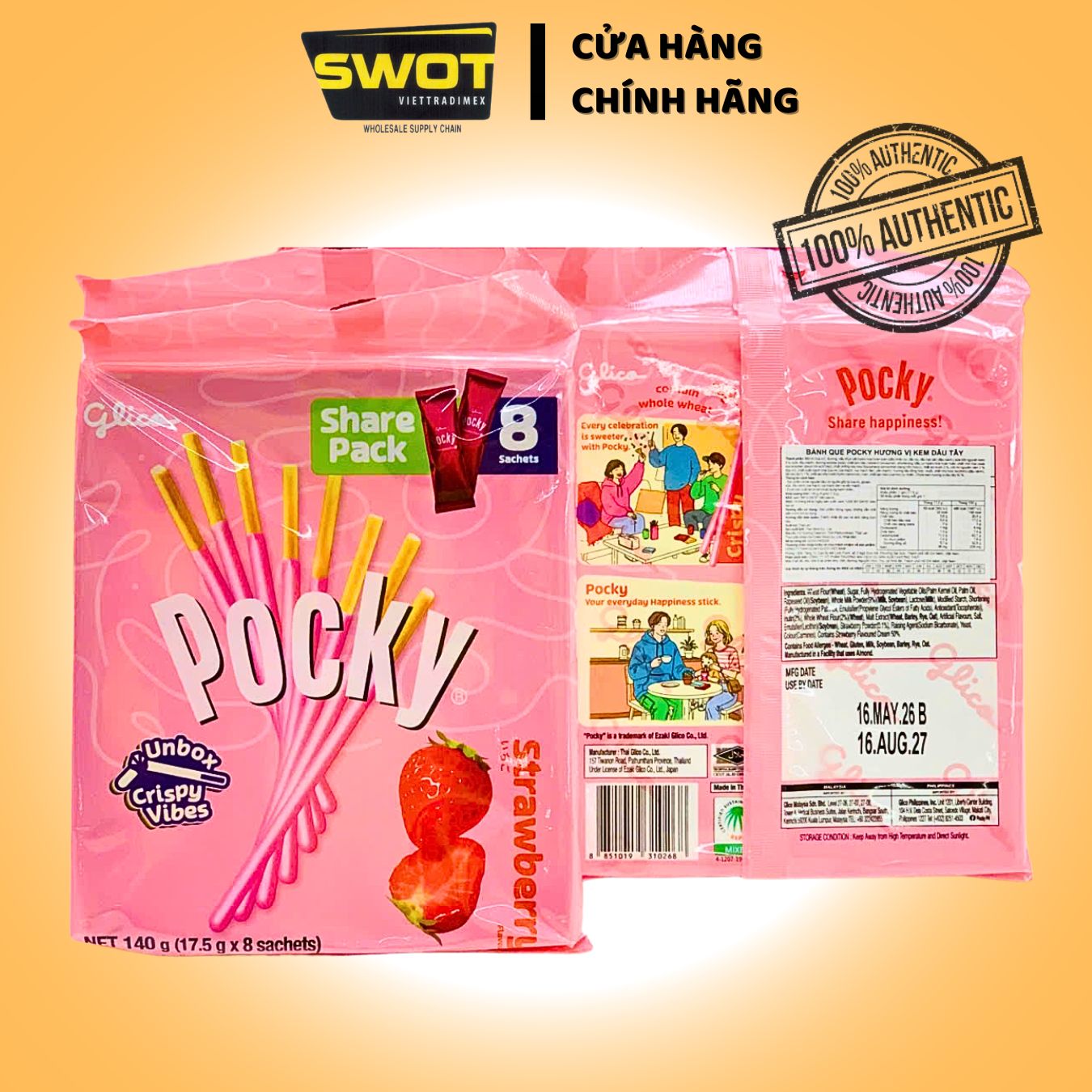 BÁNH QUE POCKY - CHOCOLATE / STRAWBERRY / COOKIES CREAM Share Pack, 8 Gói - SWOT