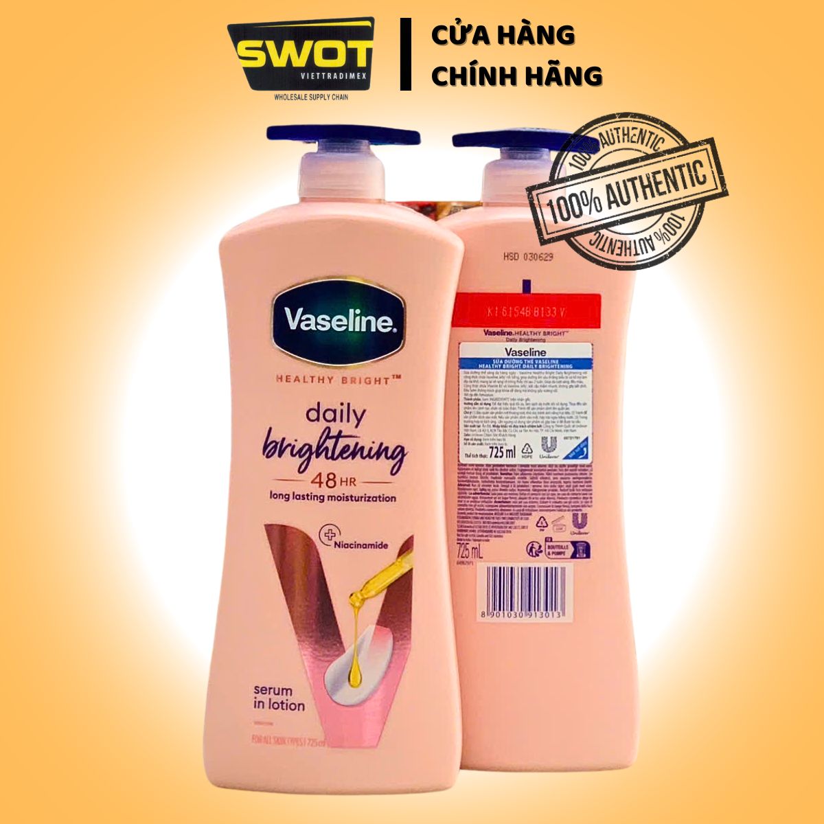 Sữa dưỡng thể Vaseline Essential Healing / Daily Brightening Chai 725ml, Dưỡng ẩm sâu, giúp cải thiện và duy trì làn da mềm mại, mịn màng - SWOT