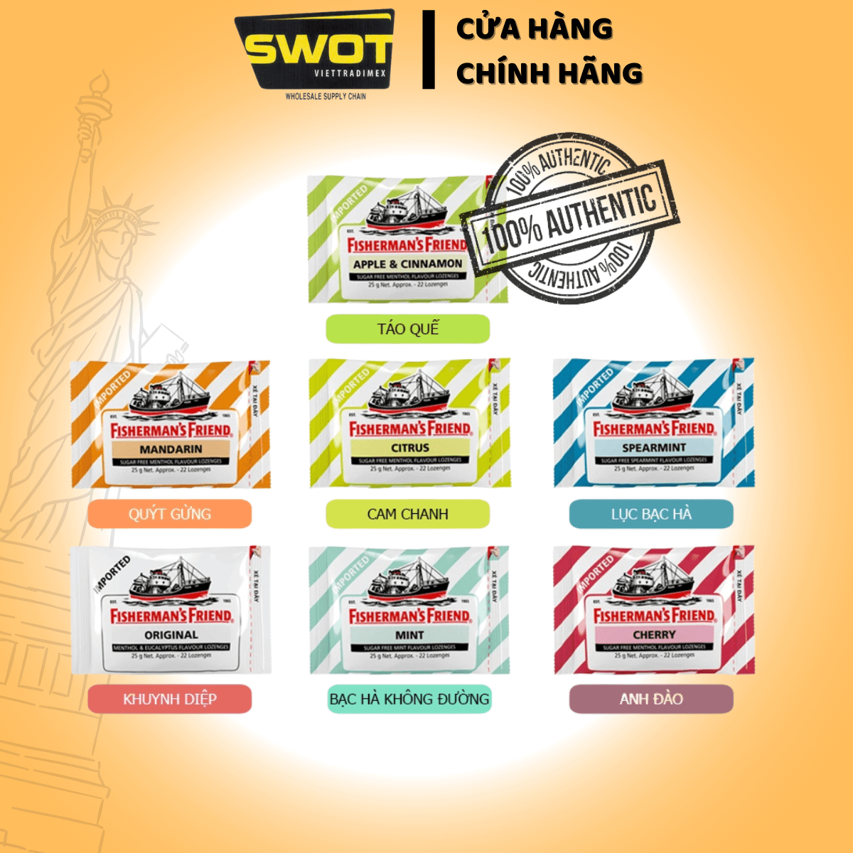 Kẹo Con Tàu Fisherman’s Friend đủ vị 25g - Bạc Hà, Cherry, Cam Chanh, Quýt, Táo Quế, Khuynh Diệp -SWOT