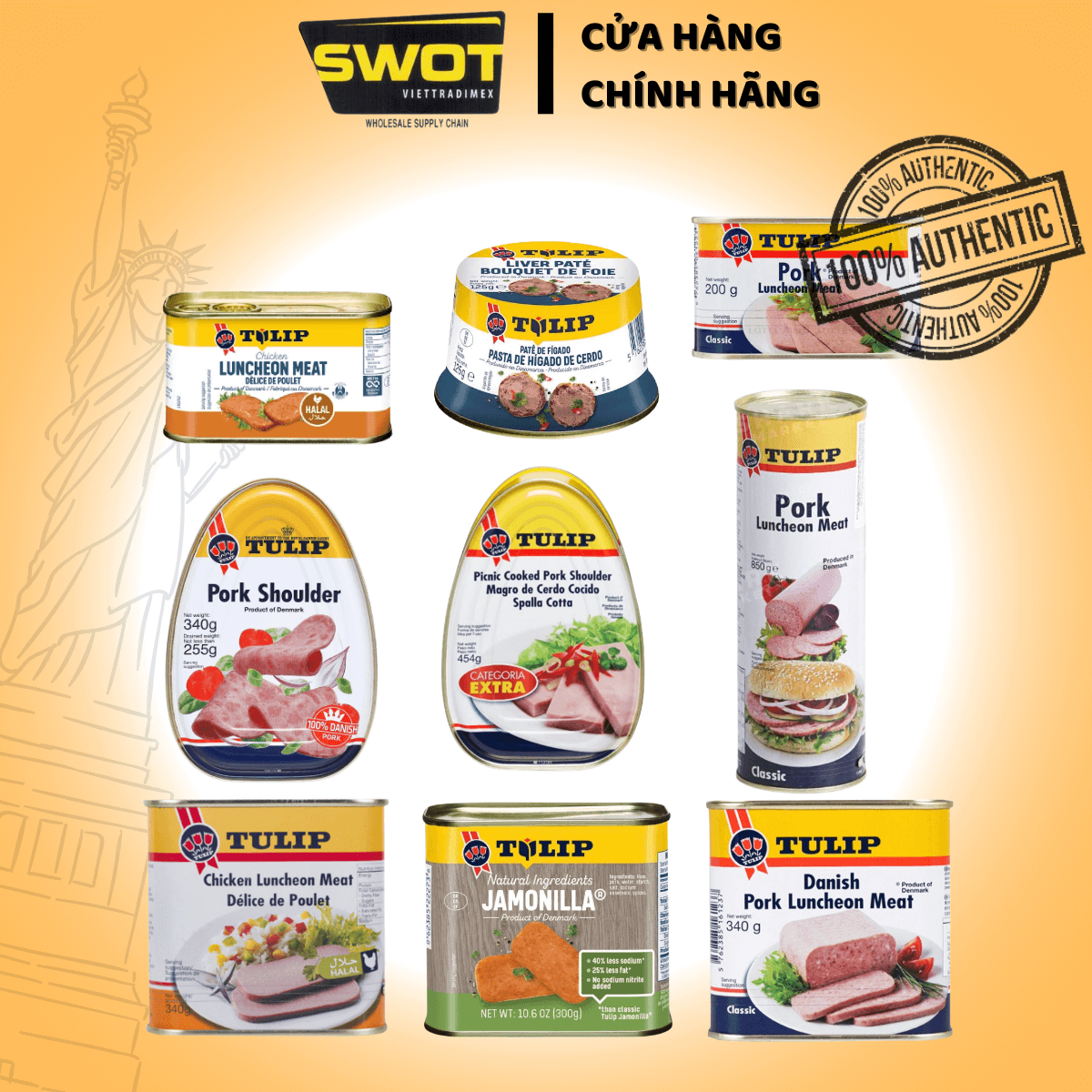 Thịt hộp Tulip của Đan Mạch 340g, Thịt hộp Mỹ cao cấp, nguyên vị heo và gà truyền thống, siêu thơm ngon