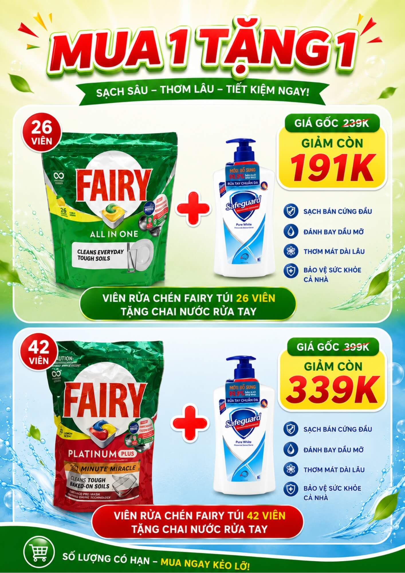 VIÊN RỬA CHÉN BÁT FAIRY TÚI 42 VIÊN VÀ TÚI 26 VIÊN - MUA 1 ĐƯỢC 2