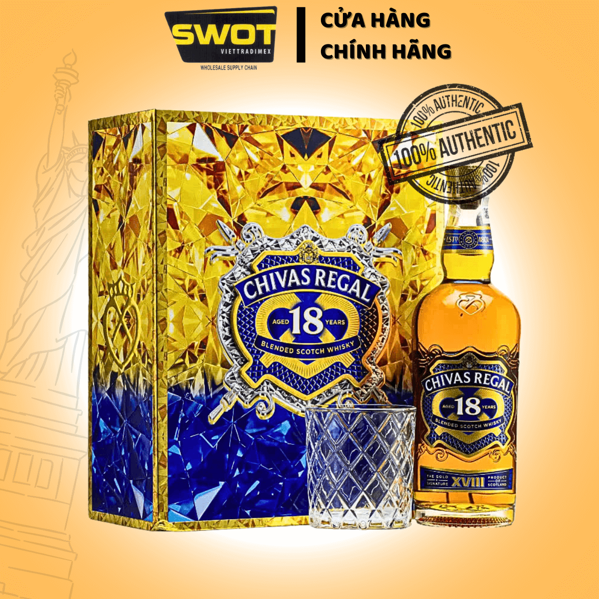 Rượu Chivas 18 Gold 750ml của Scotland (Anh Quốc), một lựa chọn whisky Scotch pha trộn cao cấp, phong phú và mượt mà, phù hợp với người sành Whisky hoặc dùng làm quà biếu cao cấp - SWOT