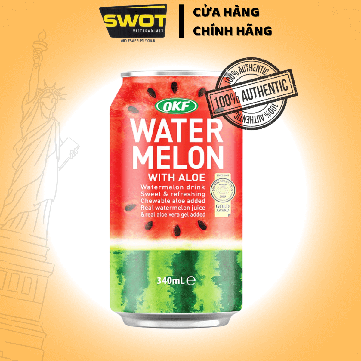 Nước dưa hấu nha đam 340ML OKF là sự hòa quyện giữa vị ngọt thanh của nước ép dưa hấu cùng với nha đam mềm dai, sần sật - SWOT