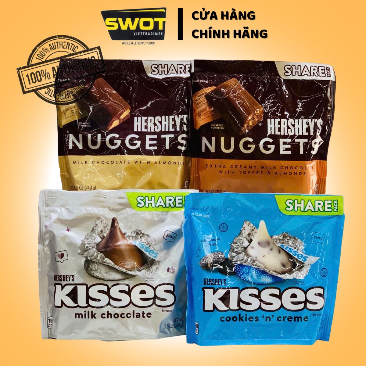 Socola Hershey's Kisses / Nuggets Share Pack của Mỹ - Vị Sữa, Hạnh Nhân, Socola Đen Đậm Vị Thơm Ngon - SWOT