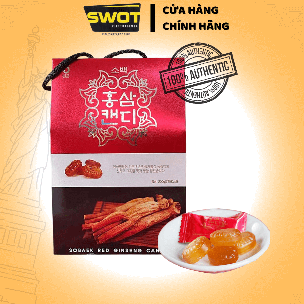 Kẹo Hồng Sâm Sobaek Red Ginseng Candy Hàn Quốc Hộp 200g  hỗ trợ tăng cường sức khỏe và sức đề kháng - SWOT