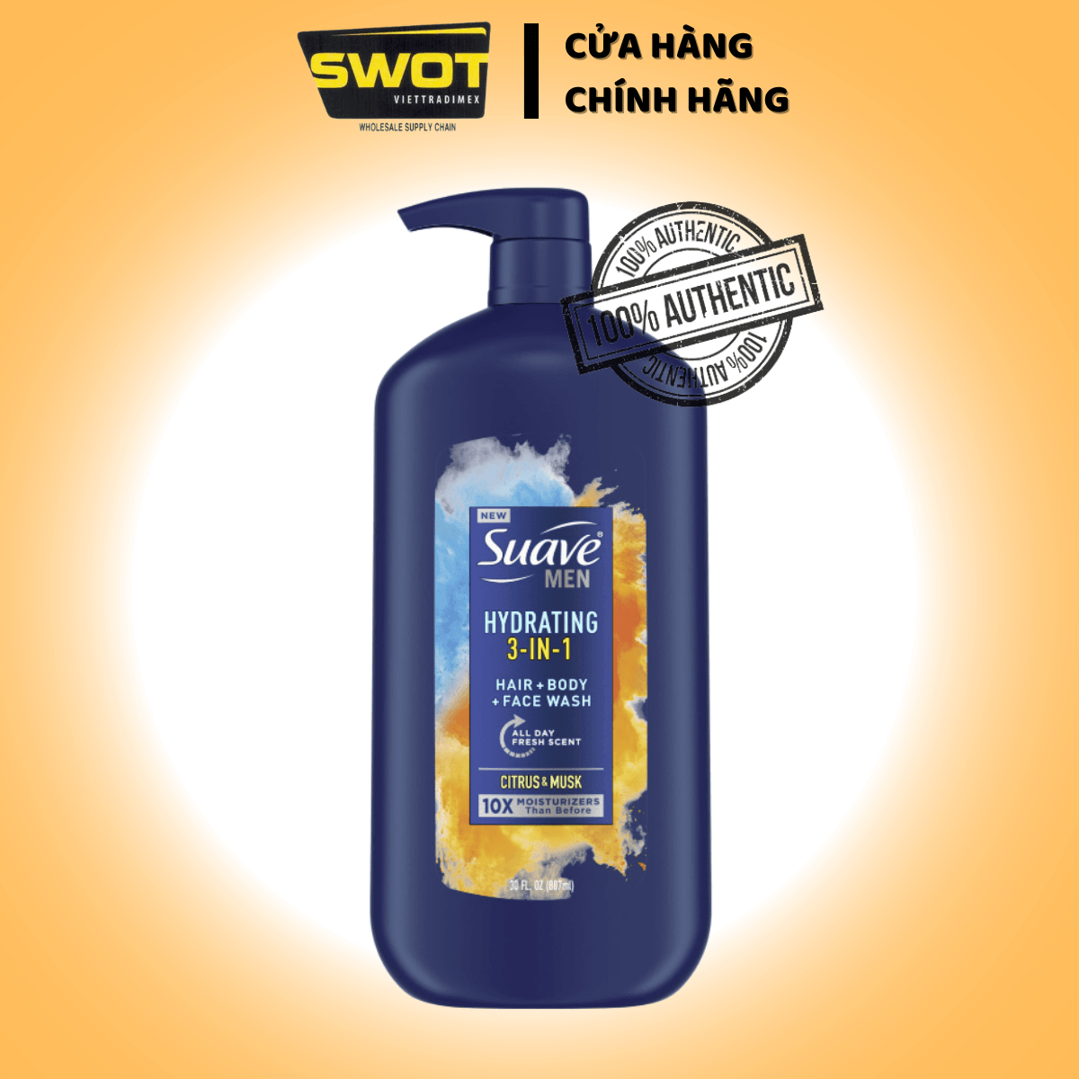 Sữa tắm gội Suave Men Hydrating 3in1 cho Nam của Mỹ chai 887ml - với công nghệ Triple Action cho khả năng làm sạch sâu, đánh bay dầu, mồ hôi, chất bẩn, dưỡng ẩm, hương thơm cam quýt và xạ hương tươi mát  - SWOT