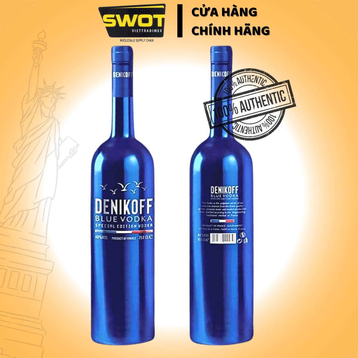 Rượu VoDka Denikoff Blue 750ml Xuất xứ từ Pháp với thành phần được chưng cất 100% từ lúa mì, rượu vodka  Denikoff mang hương thơm ngọt ngào đầy cuốn hút cùng vị cay nồng rất đặc trưng - SWOT