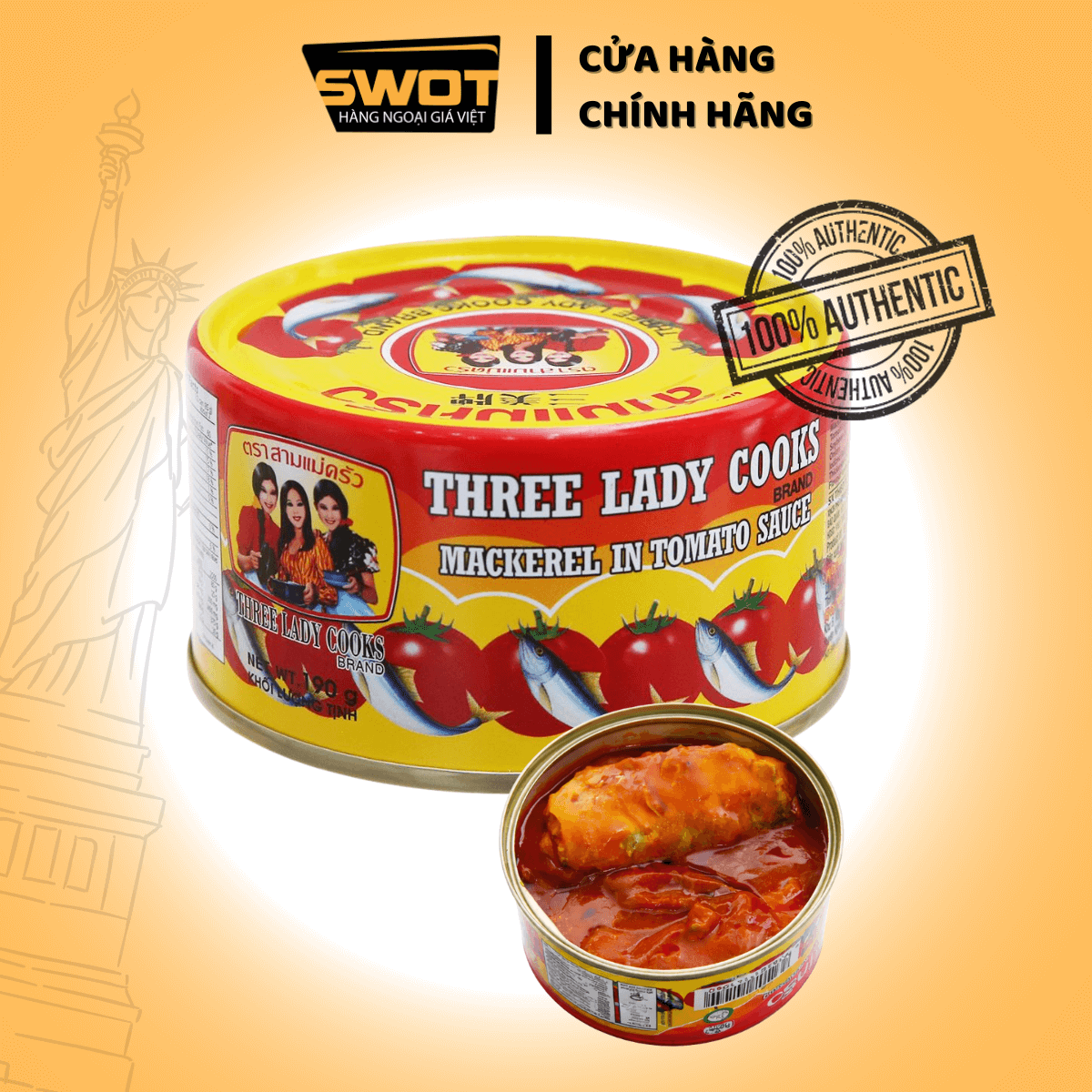 Cá nục sốt cà hiệu Three Lady Cooks (3 Cô Gái) 190gr là sản phẩm nhập khẩu từ Thái Lan, nổi tiếng với cá nục thịt chắc, ít xương dăm, hòa quyện trong sốt cà chua đậm đà, vị chua ngọt hài hòa - SWOT