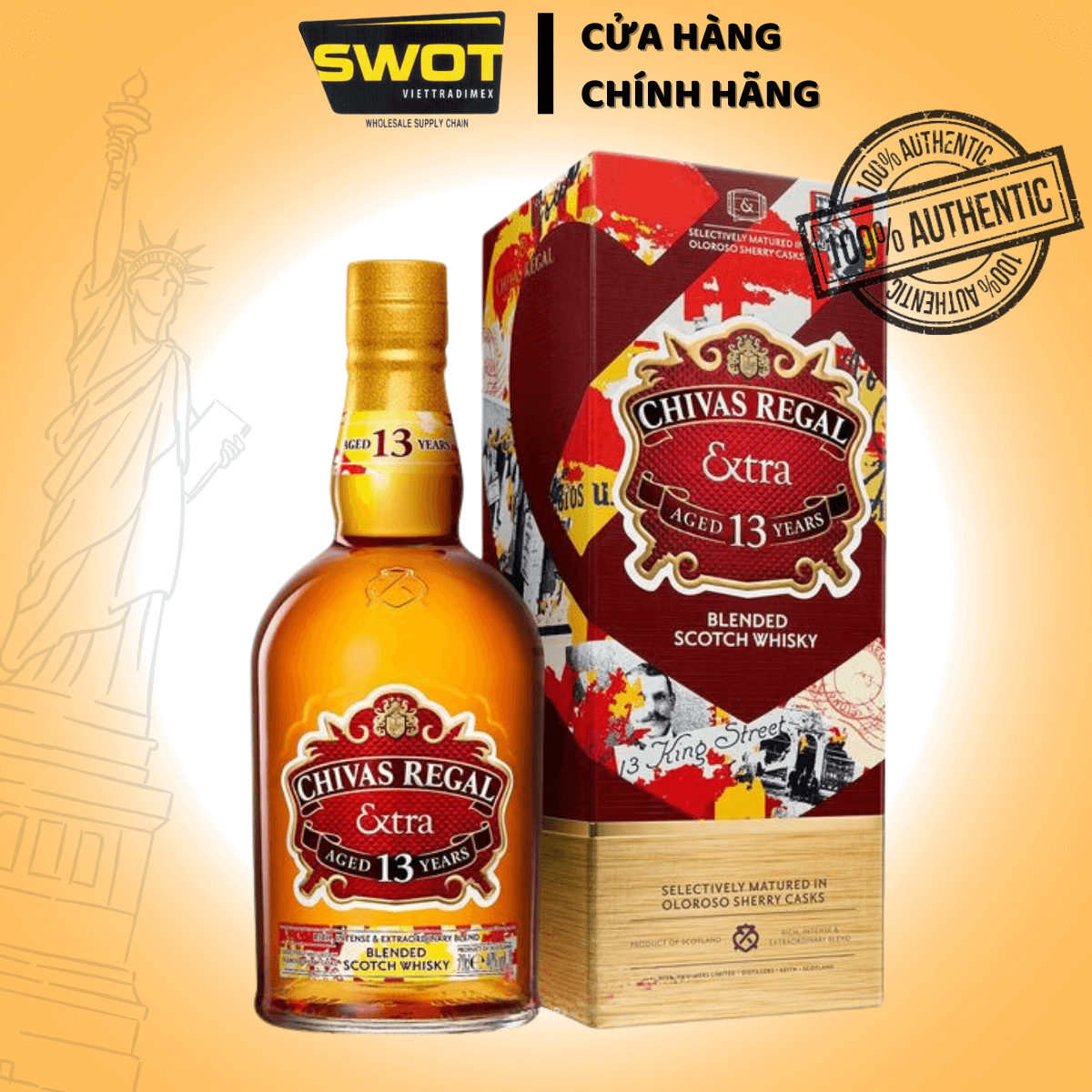 Rượu Chivas Regal Extra 13 Year Old Oloroso Sherry 750ml của Scotland (Anh Quốc) nhập khẩu,  Với sự kết hợp từ thùng Sherry Oloroso khiến rượu có hương vị đậm đà, ngọt ngào và phong phú hơn so với các phiên bản khác, Đây là lựa chọn phù hợp cho những ai muốn pha trộn có nhiều tầng hương hơn, dễ thưởng thức -SWOT