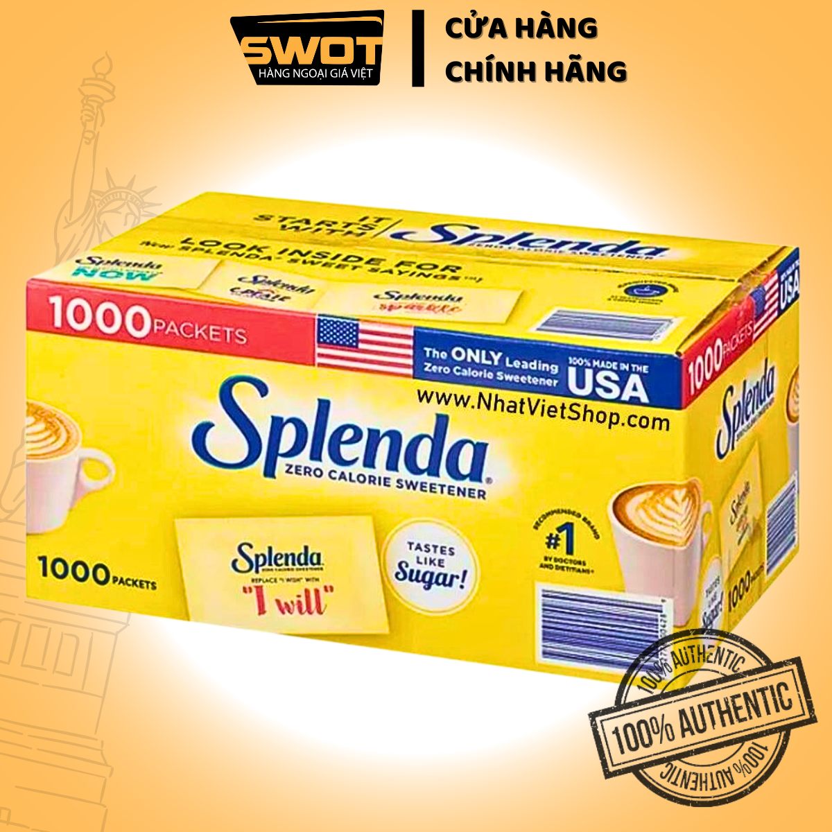 Đường ăn kiêng SPLENDA Mỹ 1000 gói, Đường thiên nhiên không calorie Mỹ, hỗ trợ ăn kiêng, giảm cân