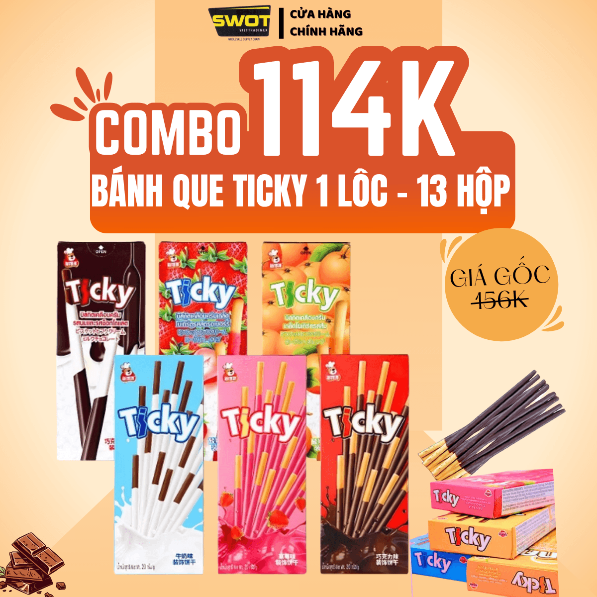 LỐC 13 HỘP BÁNH QUE TICKY THÁI LAN- VỊ DÂU I SỮA I SOCOLA I CAM -Dạng que giòn tan, bọc bên ngoài một lớp kem dâu hoặc kem sữa chocolate béo ngậy, thơm ngon - SWOT