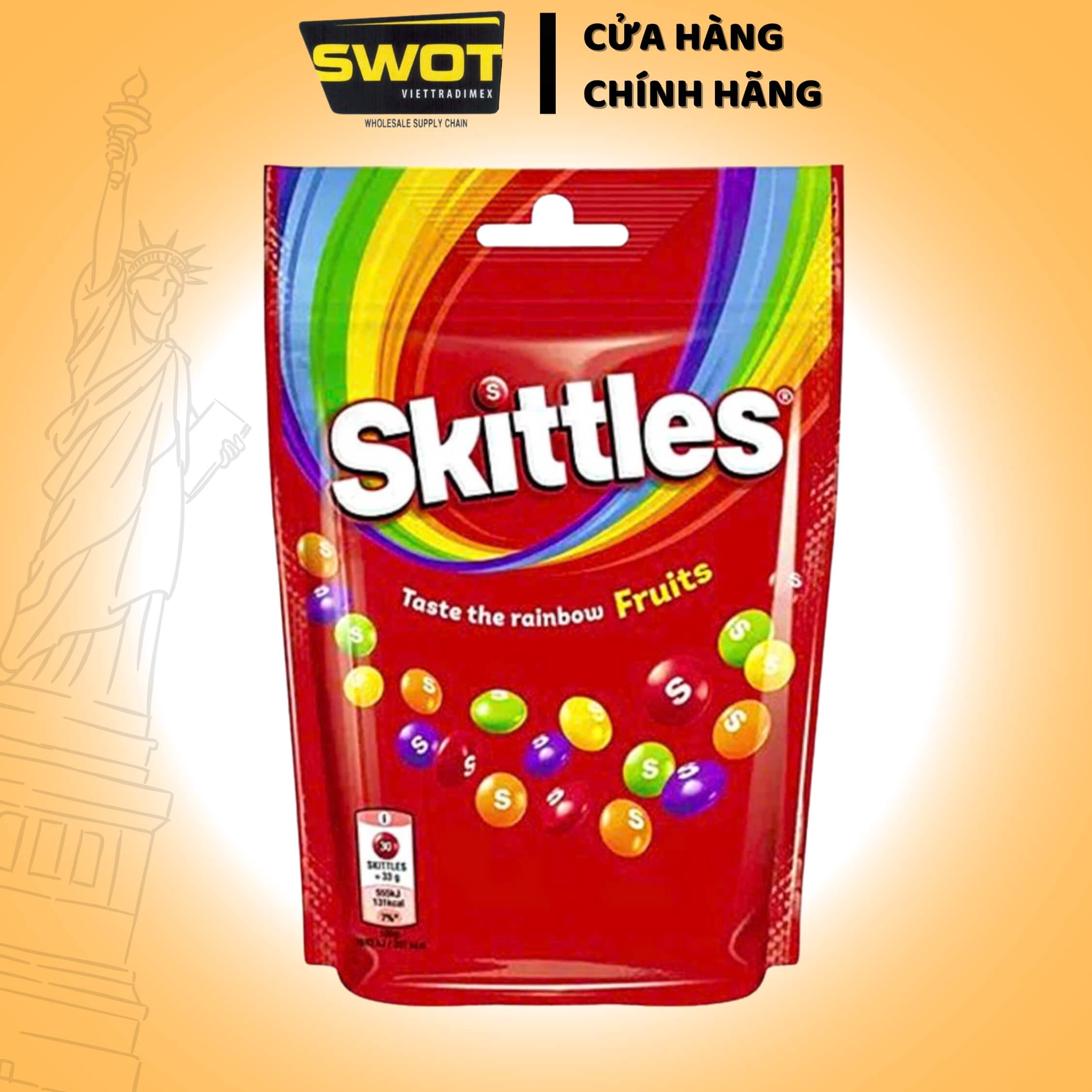 Kẹo trái cây Skittles 136gr - có nhiều hương vị trái cây thơm ngon cùng trong 1 bịch: chanh, táo xanh, cam, nho, dâu - SWOT