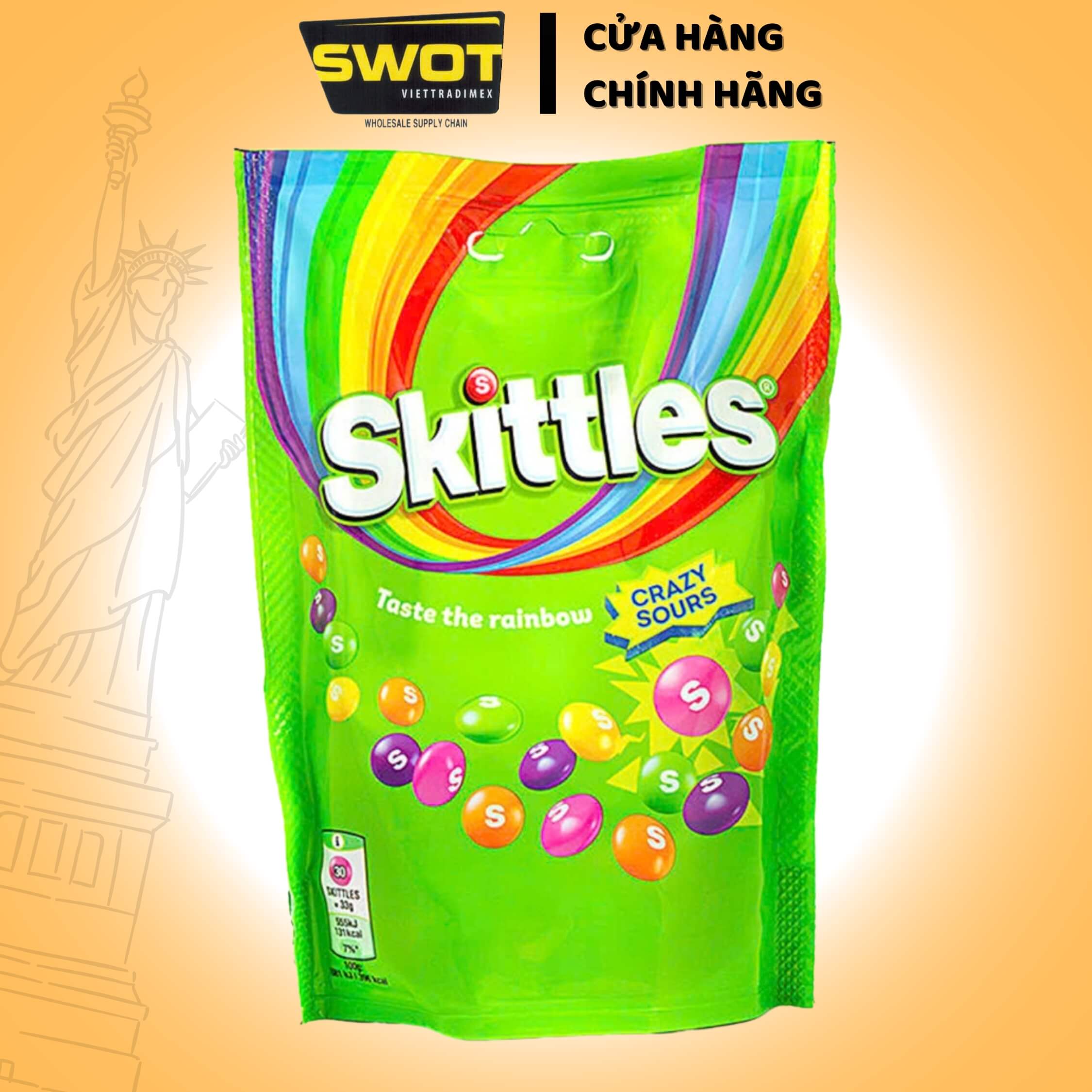 Kẹo trái cây Skittles 136gr - có nhiều hương vị trái cây thơm ngon cùng trong 1 bịch: chanh, táo xanh, cam, nho, dâu - SWOT