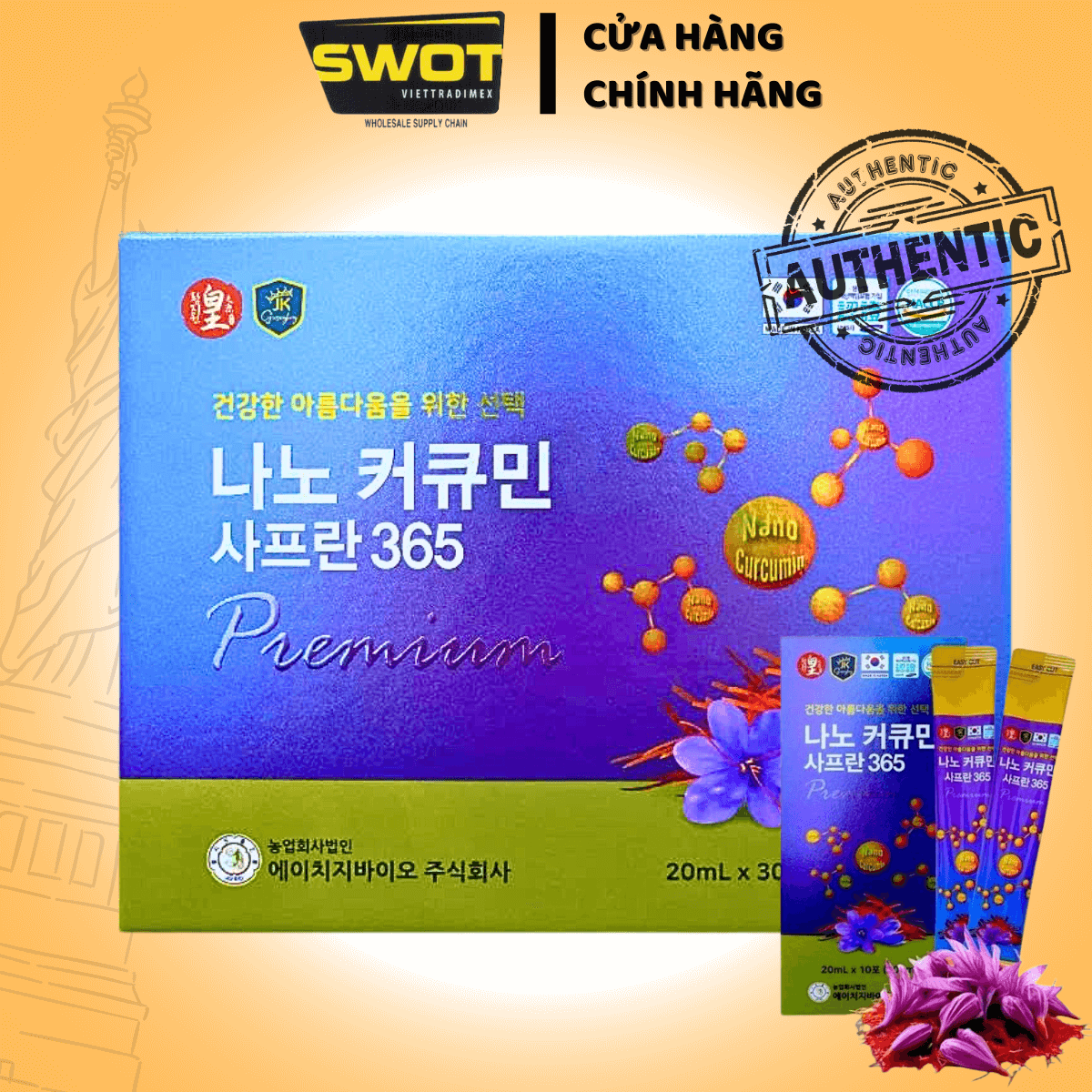 Tinh Chất Nghệ Nano Saffron 365 của Hàn Quốc, nhập khẩu chính hãng, giúp tăng cường tiêu hóa, thanh lọc cơ thể, làm đẹp da, giảm stress, hỗ trợ giấc ngủ và nâng cao sức khỏe toàn diện - SWOT