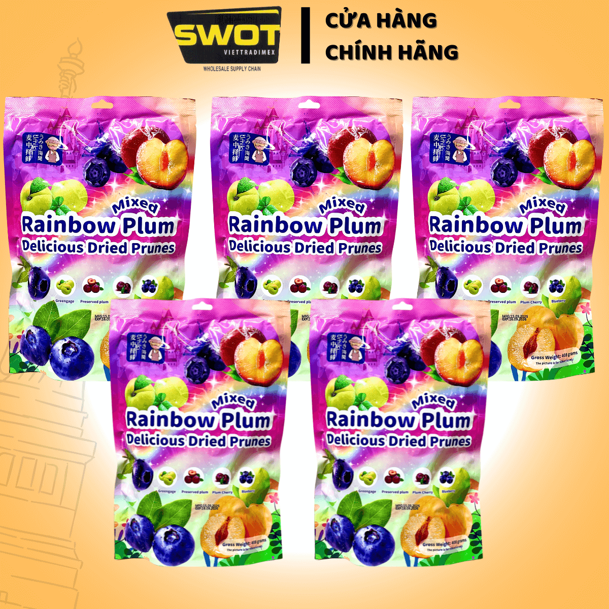 Ô Mai Xí Muội 4 vị COLORFUL PLUM 408g, Omai Ximuoi Mix Vị Trái Cây, Ăn Vặt Dẻo Giòn Chua Ngọt Vừa Phải, Kẹo Ô Mai Mix Vị Snack Food - SWOT