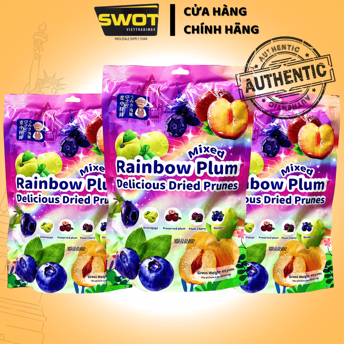 Ô Mai Xí Muội 4 vị COLORFUL PLUM 408g, Omai Ximuoi Mix Vị Trái Cây, Ăn Vặt Dẻo Giòn Chua Ngọt Vừa Phải, Kẹo Ô Mai Mix Vị Snack Food - SWOT