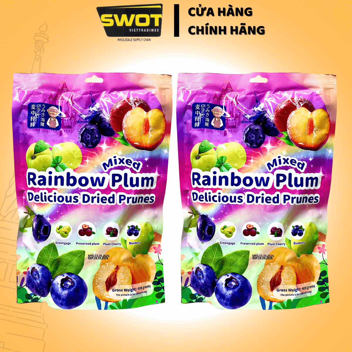 Ô Mai Xí Muội 4 vị COLORFUL PLUM 408g, Omai Ximuoi Mix Vị Trái Cây, Ăn Vặt Dẻo Giòn Chua Ngọt Vừa Phải, Kẹo Ô Mai Mix Vị Snack Food - SWOT