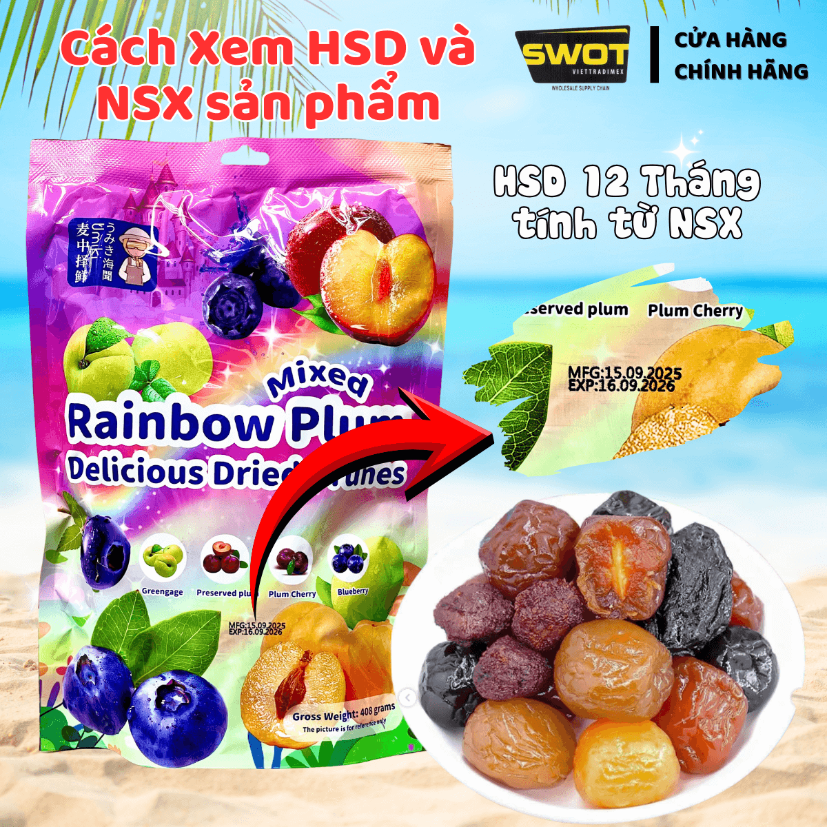 Ô Mai Xí Muội 4 vị COLORFUL PLUM 408g, Omai Ximuoi Mix Vị Trái Cây, Ăn Vặt Dẻo Giòn Chua Ngọt Vừa Phải, Kẹo Ô Mai Mix Vị Snack Food - SWOT