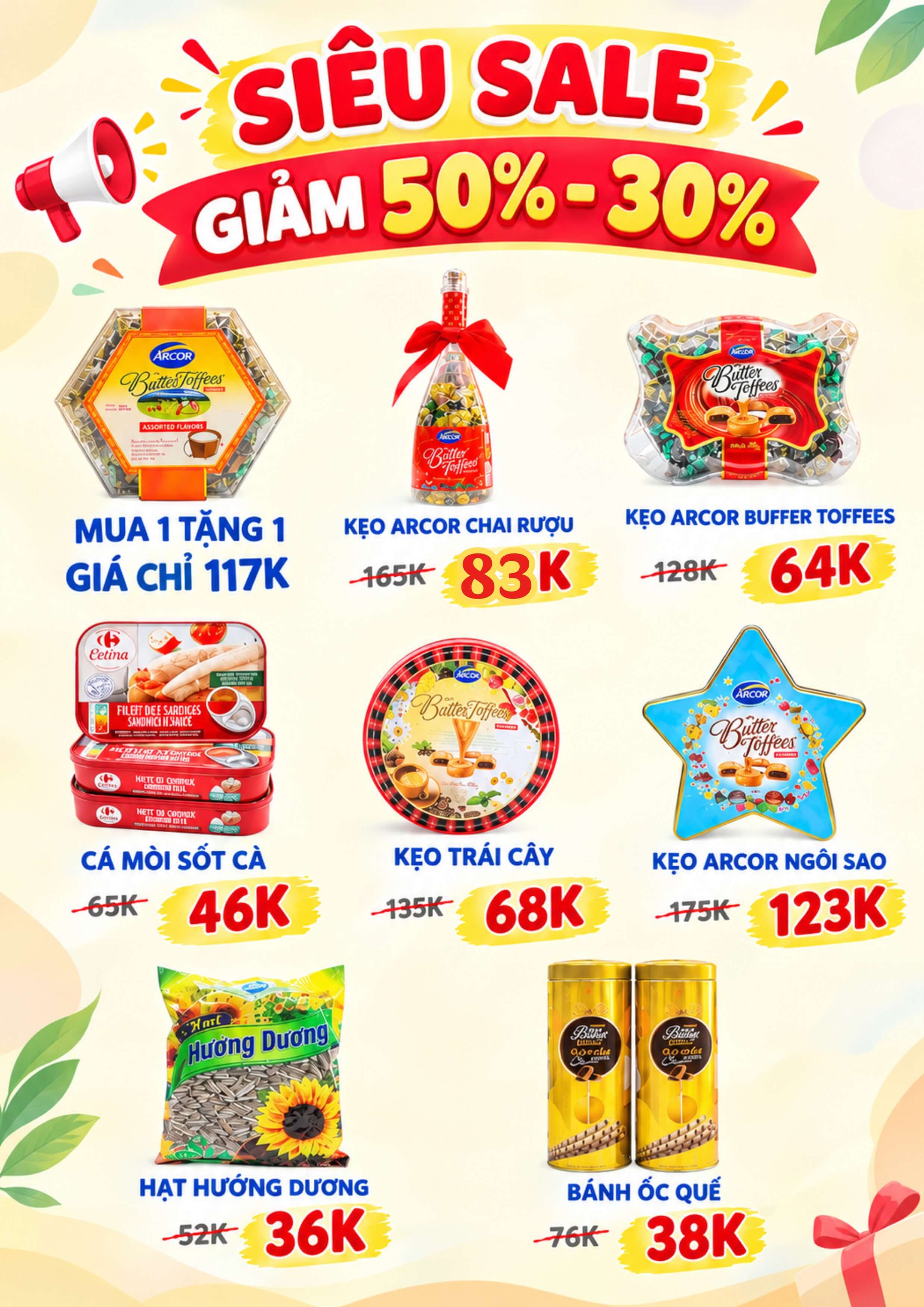BÁNH KẸO CÁC LOẠI SALE 30-50%