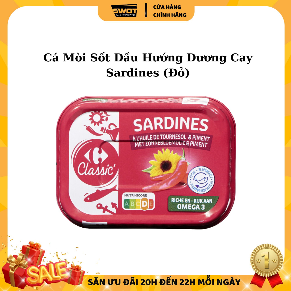 Cá mòi Sardines Pháp 135g, Cá mòi ngâm dầu hướng dương Pháp thượng hạng, thơm ngon đặc biệt, giàu chất dinh dưỡng