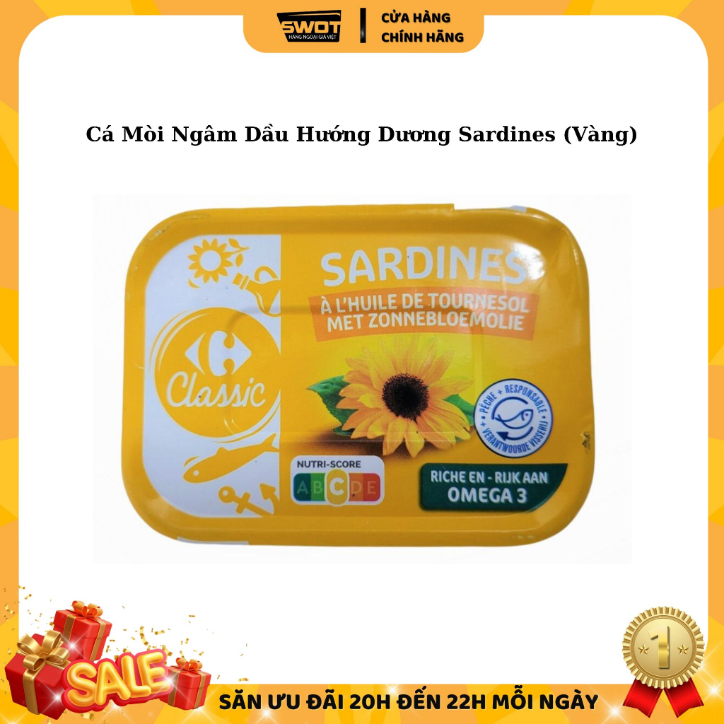 Cá mòi Sardines Pháp 135g, Cá mòi ngâm dầu hướng dương Pháp thượng hạng, thơm ngon đặc biệt, giàu chất dinh dưỡng