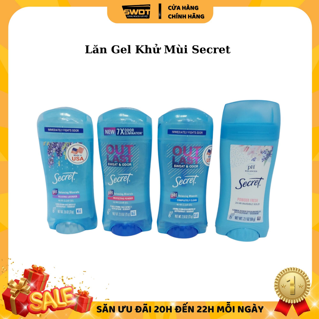 Lăn khử mùi Secret Mỹ nhiều hương, Lăn khử mùi dạng gel Mỹ cao cấp, khô thoáng, ngăn tiết mồ hôi, lưu hương bền lâu