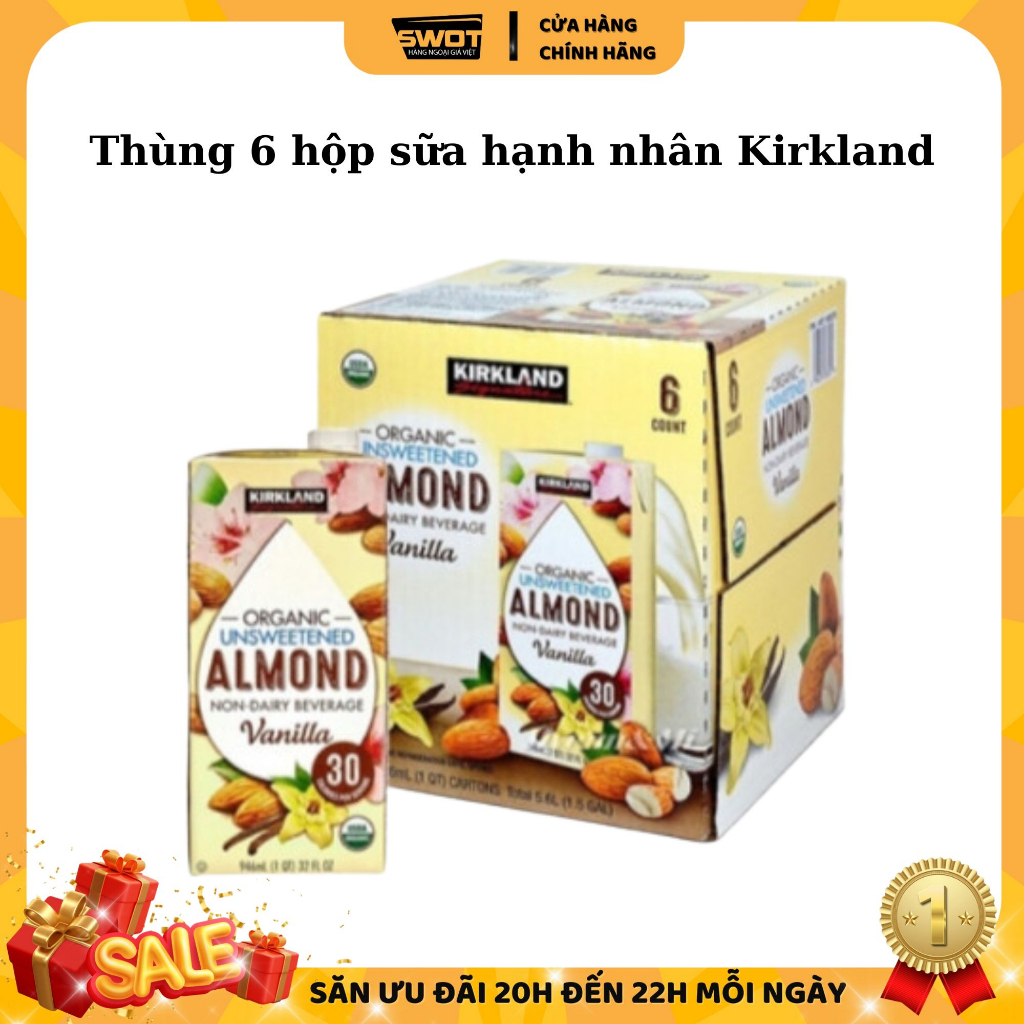 Thùng 6 hộp sữa hạnh nhân Kirkland Signature Organic Unsweetened Almond Vanilla 946ml x6 hộp