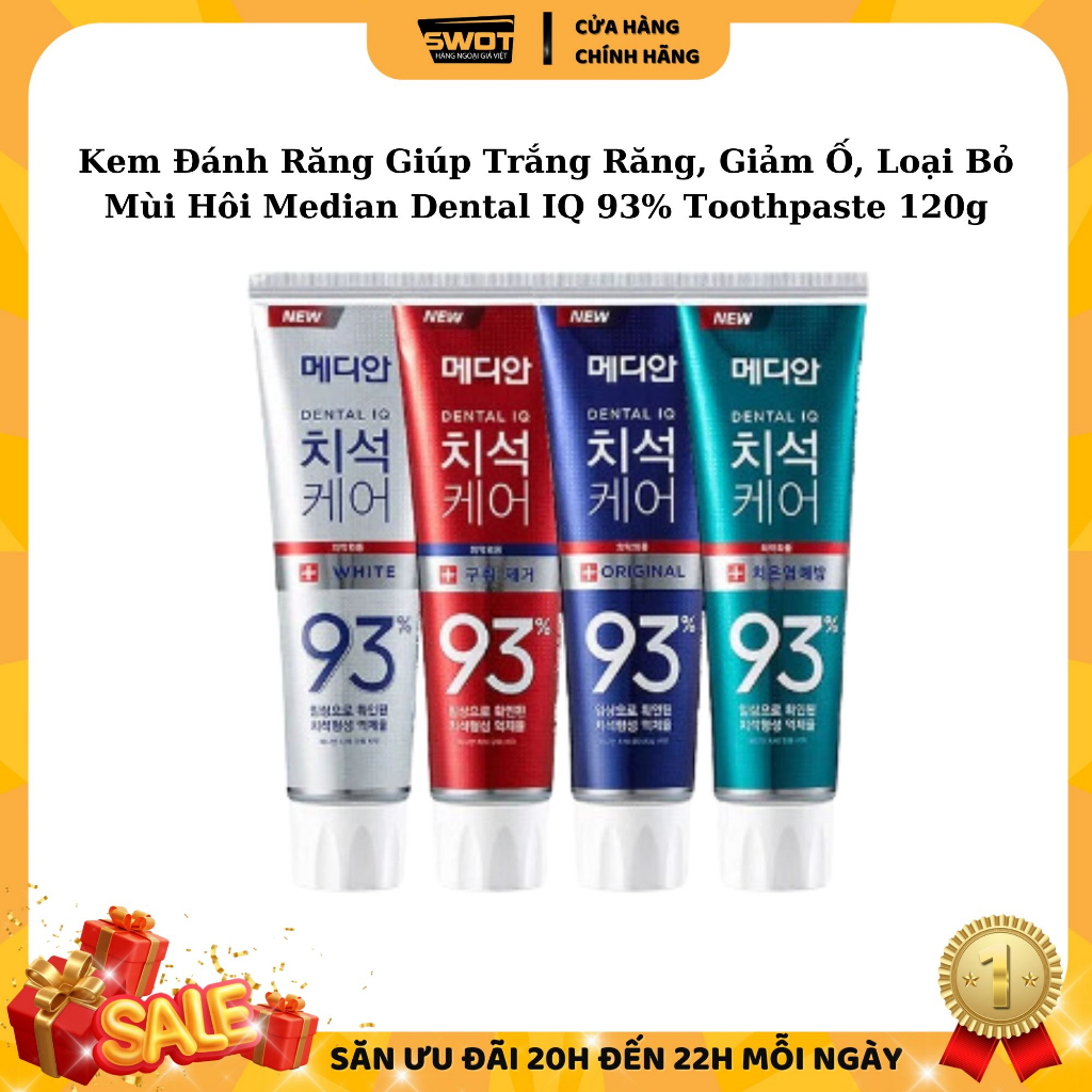 Kem đánh răng Median Dental IQ 93% Hàn Quốc 120g, Kem đánh răng Hàn Quốc cao cấp, giúp trắng răng, giảm ố, khử mùi hôi