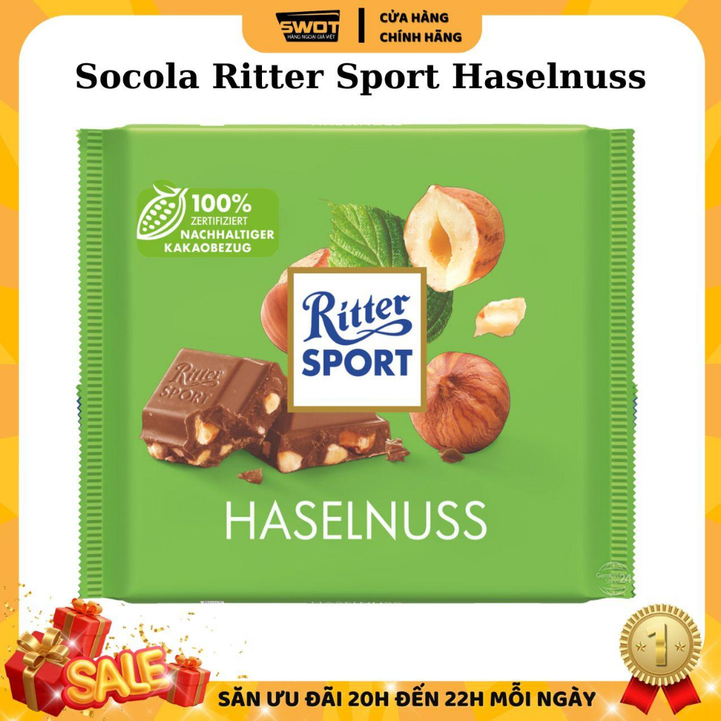 Socola Ritter Sport Đức nhiều vị 100g, Socola Đức cao cấp, thơm ngon hảo hạng, đậm vị cacao thơm béo