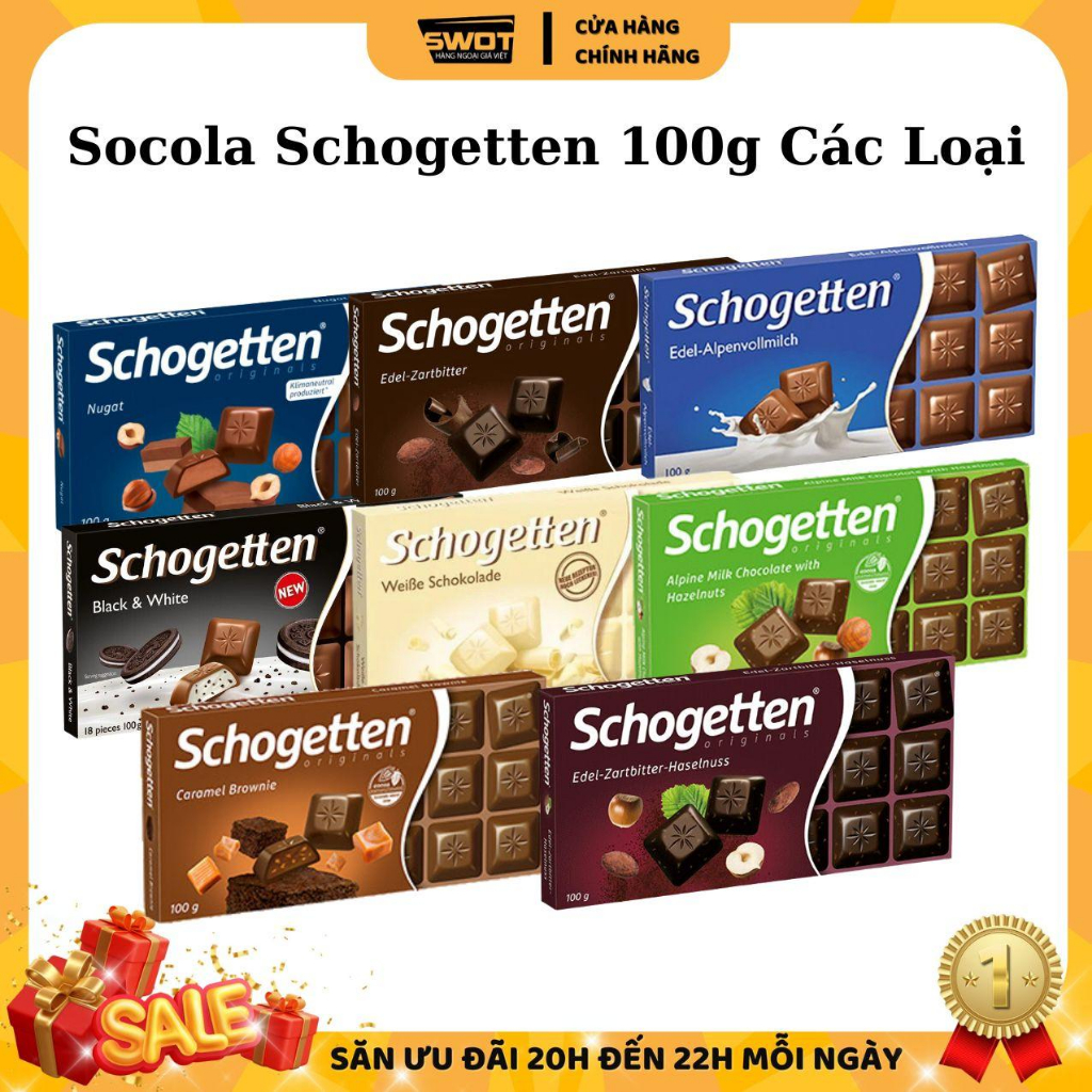 Socola Schogetten Đức 100g 18 viên nhiều vị, Chocolate Thanh thơm ngon hảo hạng, giàu dinh dưỡng