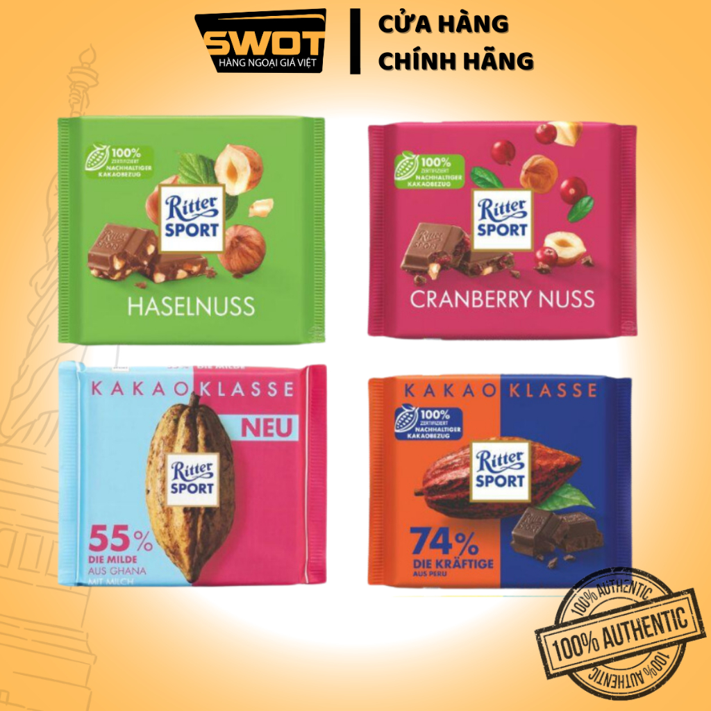 Socola Ritter Sport Đức nhiều vị 100g, Socola Đức cao cấp, thơm ngon hảo hạng, đậm vị cacao thơm béo