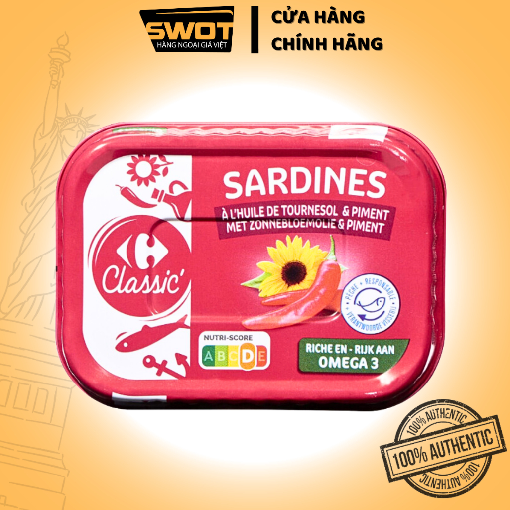 Cá mòi Sardines Pháp 135g, Cá mòi ngâm dầu hướng dương Pháp thượng hạng, thơm ngon đặc biệt, giàu chất dinh dưỡng