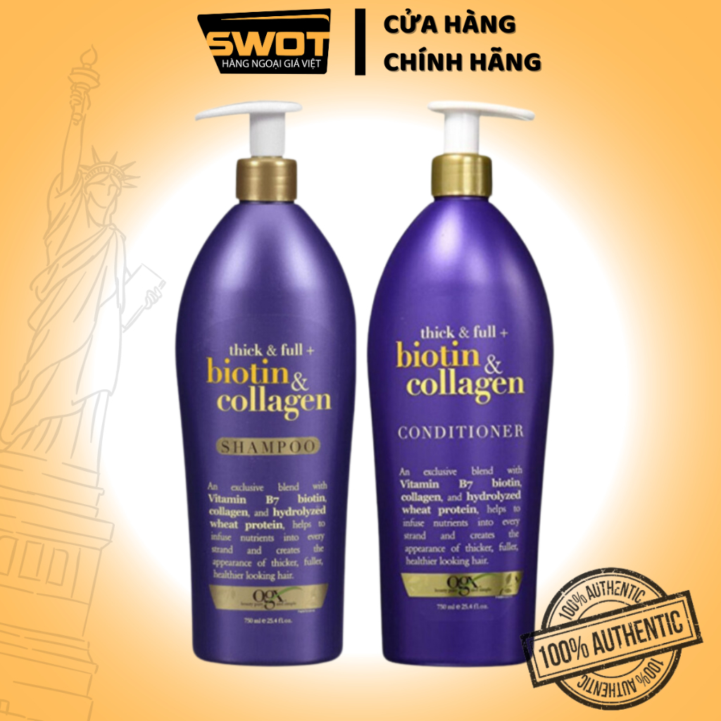 Combo Dầu gội xả Thick&full Biotin&Collagen Mỹ, Dầu gội xả phục hồi hư tổn, tóc dày bồng bềnh, óng ả