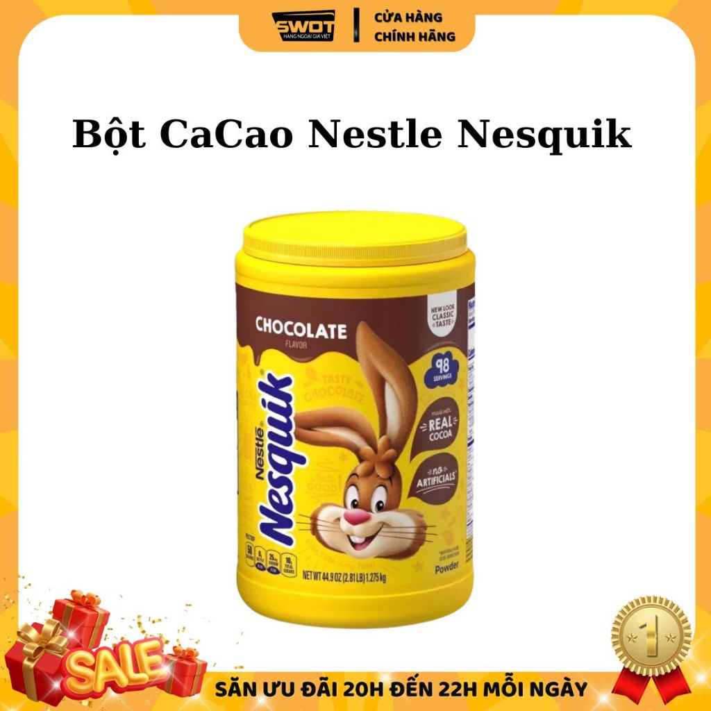Bột cacao Nesquik Mỹ 1257g, Bột sữa cacao Mỹ cao cấp thơm ngon đậm vị giàu giá trị dinh dưỡng