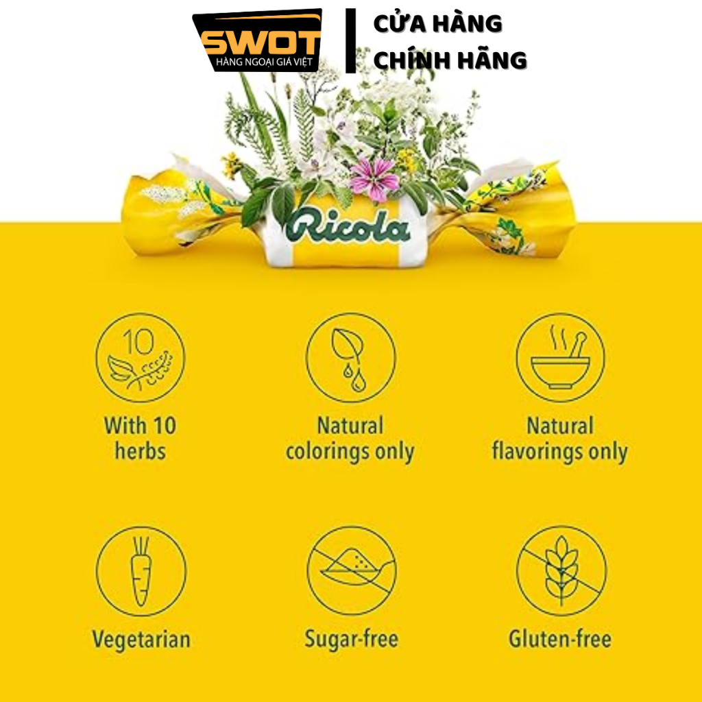 Kẹo ngậm Ricola Sugar Free Thụy Sĩ, kẹo ngậm thảo mộc trị ho hiệu quả, thông mũi và mát họng - SWOT