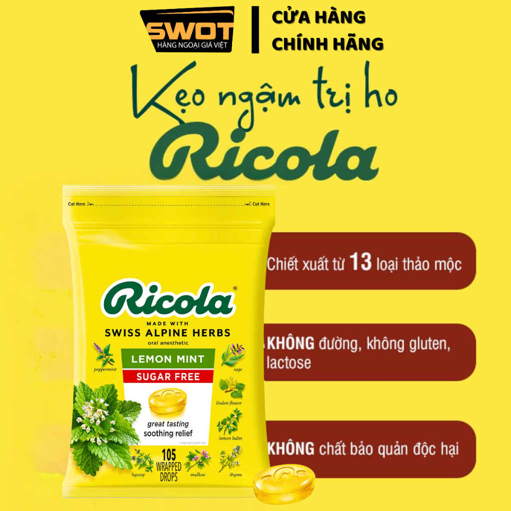 Kẹo ngậm Ricola Sugar Free Thụy Sĩ, kẹo ngậm thảo mộc trị ho hiệu quả, thông mũi và mát họng - SWOT