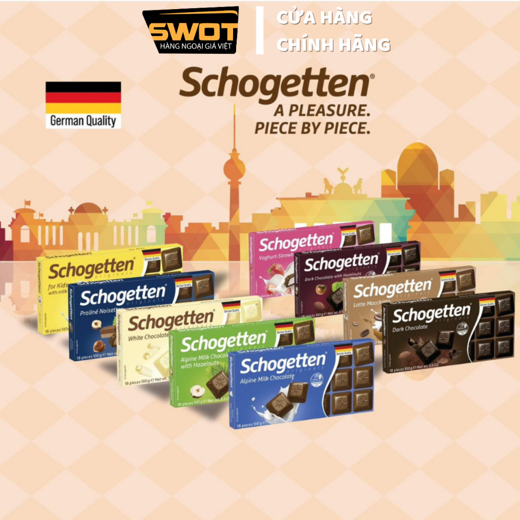 Socola Schogetten Đức 100g 18 viên nhiều vị, Chocolate Thanh thơm ngon hảo hạng, giàu dinh dưỡng