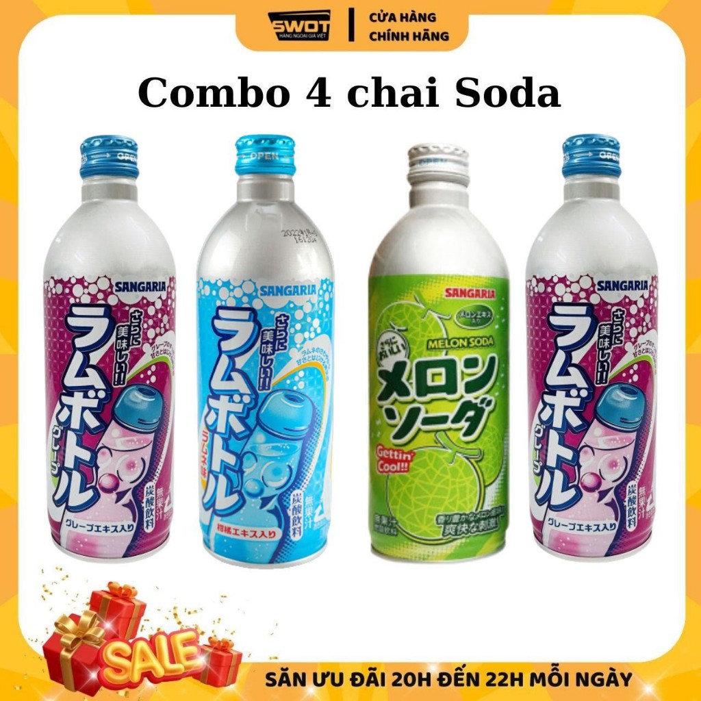 Combo 4 Nước Soda Sangaria Nhật 500ml nhiều vị, Nước ngọt có gas cao cấp, thơm ngon đặc biệt, nhiều vitamin - SWOT