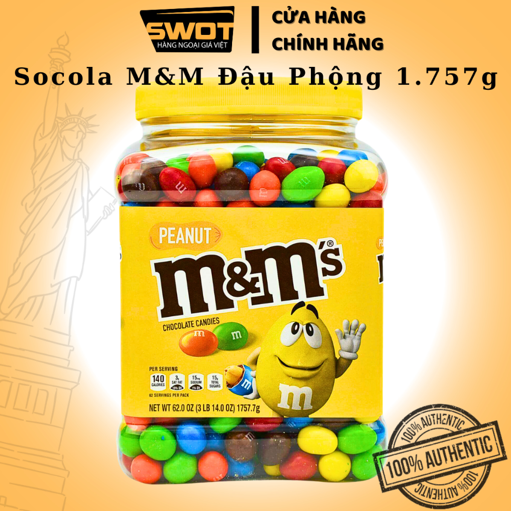 Socola nhân Đậu Phộng & Sữa M&M Mỹ 1757g, Chocolate Mỹ cao cấp, thơm ngon thượng hạng không quá ngọt - SWOT
