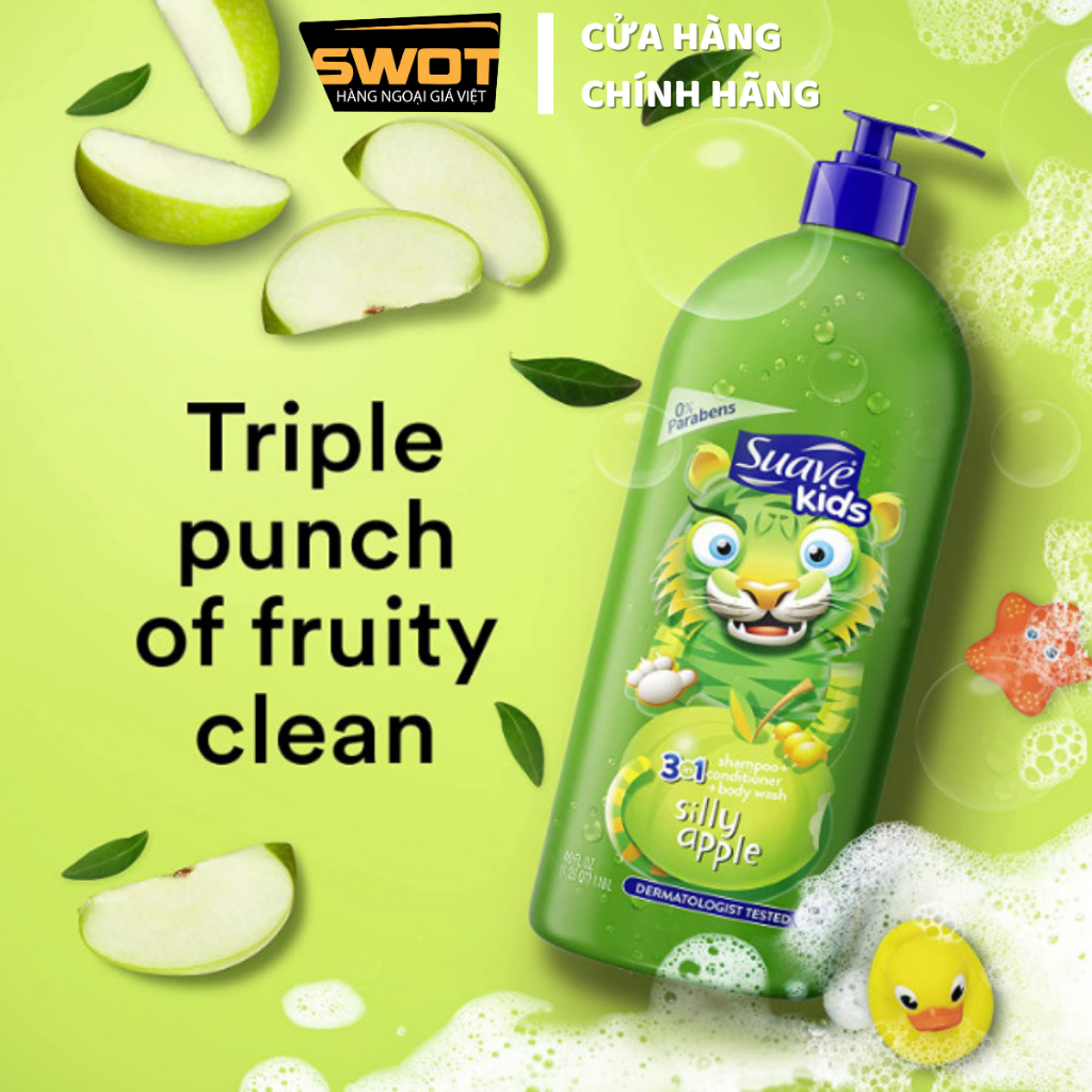 Sữa tắm gội xả Suave Kids Mỹ 3in1 1.18L, Sữa tắm gội xả trẻ em hương dấu hàng Mỹ cao cấp, sạch thơm an toàn cho bé- SWOT