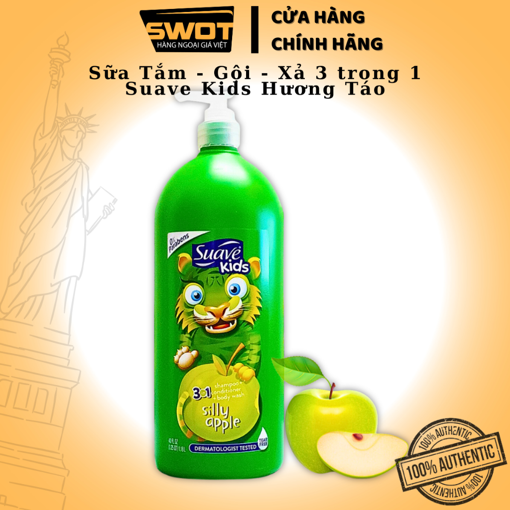 Sữa tắm gội xả Suave Kids Mỹ 3in1 1.18L, Sữa tắm gội xả trẻ em hương dấu hàng Mỹ cao cấp, sạch thơm an toàn cho bé- SWOT