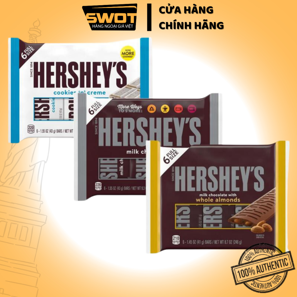 Socola thanh Hershey Full Size Mỹ nhiều vị 263g, Chocolate Mỹ cao cấp, thơm ngon, vị đắng vừa không ngọt gắt - SWOT